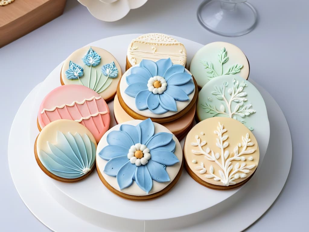  An intricate, minimalist image showcasing a set of beautifully decorated cookies featuring advanced royal icing techniques. Each cookie is meticulously detailed with delicate lacelike patterns, intricate floral designs, and elegant brush embroidery. The color palette consists of soft pastel hues, adding a touch of sophistication to the overall presentation. The cookies are arranged on a sleek, modern serving platter against a clean, white backdrop, highlighting the artistry and precision of the royal icing decorations. This image captures the essence of elevated creativity and craftsmanship in cookie decorating, inspiring readers to explore advanced techniques in their own creations. hyperrealistic, full body, detailed clothing, highly detailed, cinematic lighting, stunningly beautiful, intricate, sharp focus, f/1. 8, 85mm, (centered image composition), (professionally color graded), ((bright soft diffused light)), volumetric fog, trending on instagram, trending on tumblr, HDR 4K, 8K