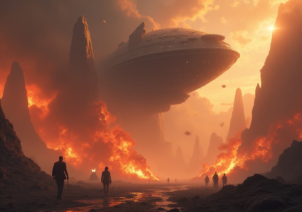  good quality, high quality, world invaded by robots , everywhere is ruined, giant landscapes on fire and raided, a group of cool looking people is trying to get to a spaceship to escape