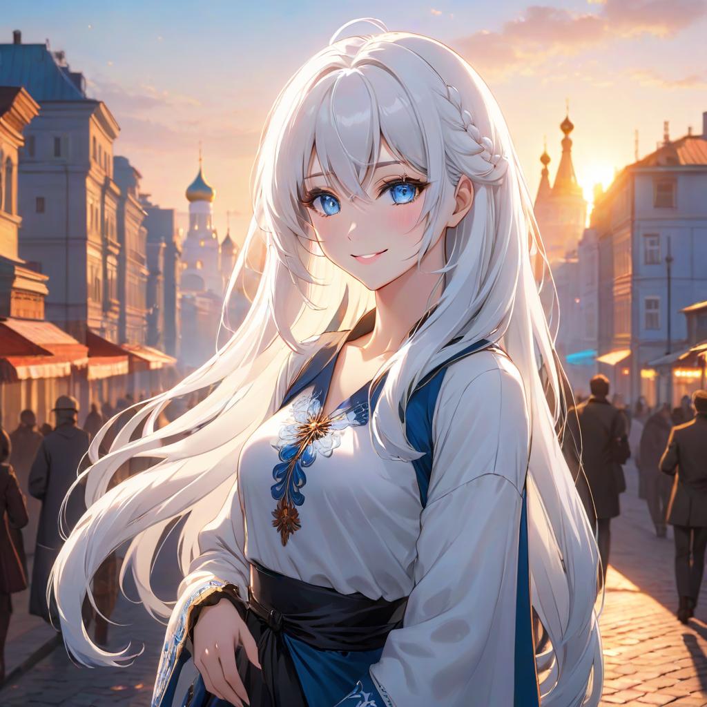  Girl, beautiful, white hair, blue eyes, smile, anime, against the backdrop of a Russian city, evening, sunset hyperrealistic, full body, detailed clothing, highly detailed, cinematic lighting, stunningly beautiful, intricate, sharp focus, f/1. 8, 85mm, (centered image composition), (professionally color graded), ((bright soft diffused light)), volumetric fog, trending on instagram, trending on tumblr, HDR 4K, 8K