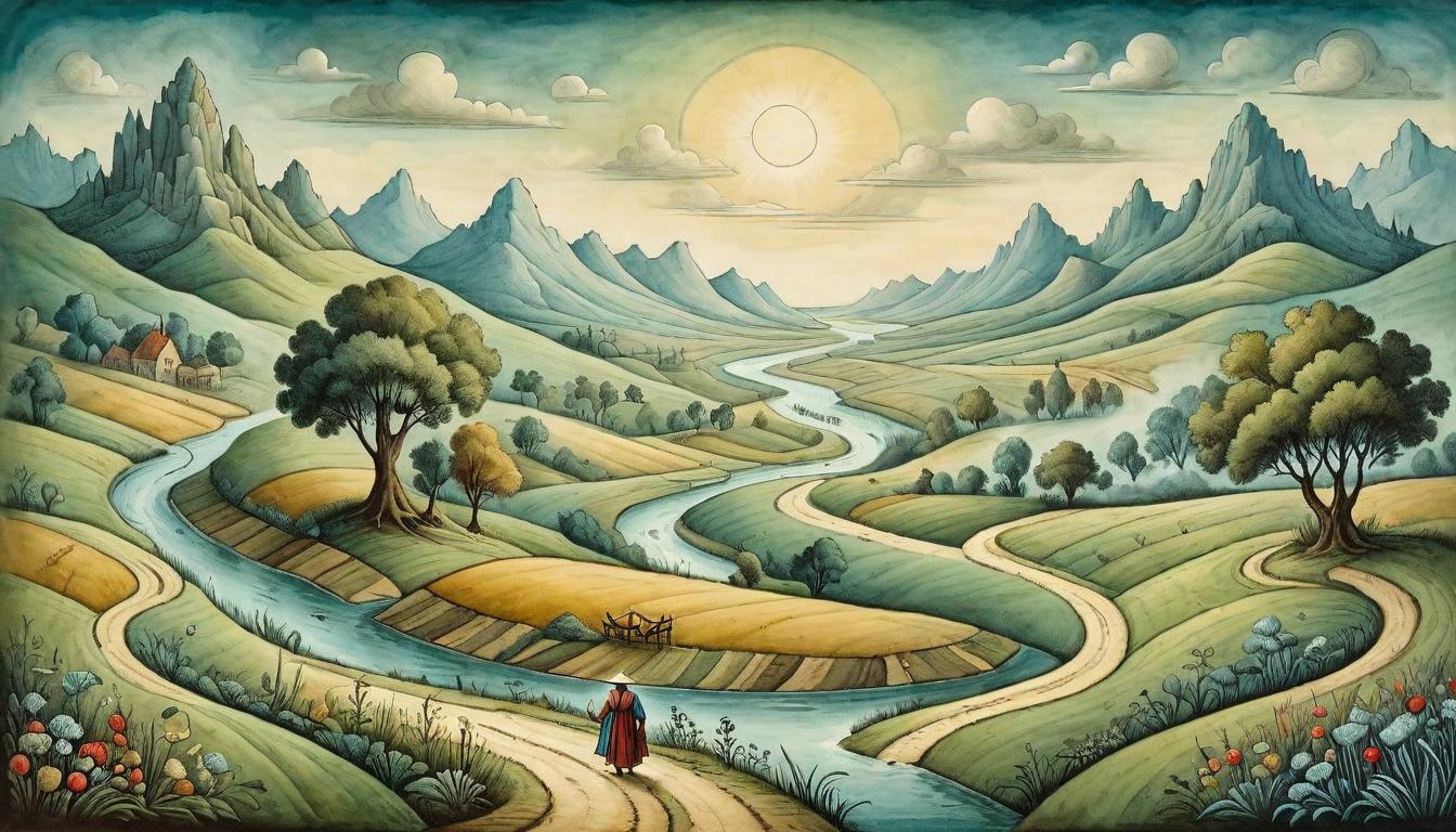  on parchment, surrealism+++, A narrow path winding through different landscapes, symbolizing Ruth's journey with Naomi. Path crossing through fields, forests, and rivers, each terrain reflecting a stage of their journey, dedication in diversity(mysterious, provocative, symbolic,muted color)+++