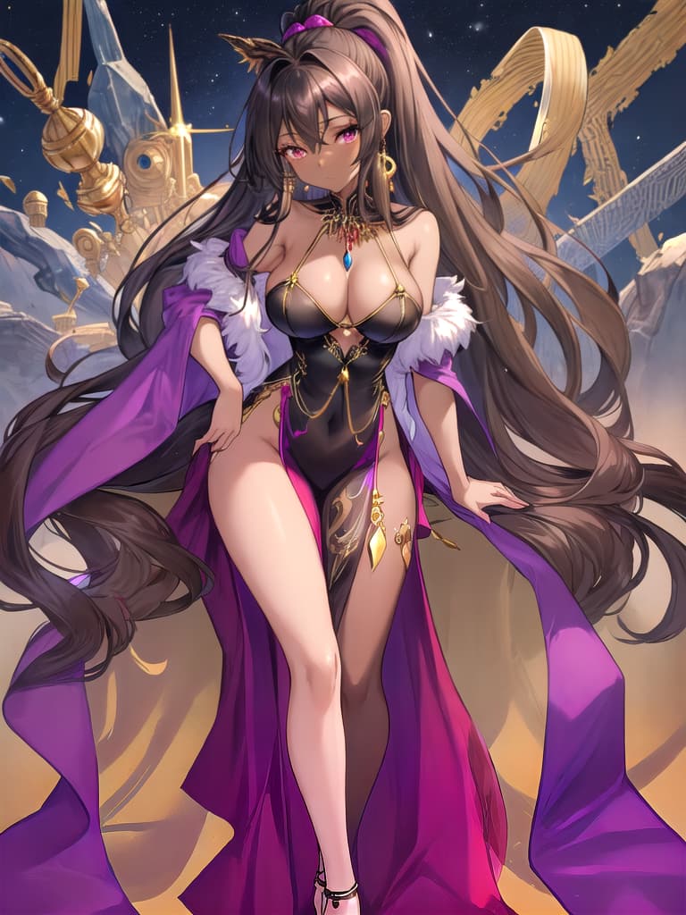  (master-piece,Hires-fixquality)
((darkbrownskin))
(darkhair)
((megagiganticlargecribbagetits))
((megalargehips))
(perfecthand)
Very long hair, flowing hair, Air bangs, high ponytail,
Silk Slip Dress and Fur Stole, A slinky silk slip dress in a jewel-toned shade like sapphire or deep purple, Faux fur stole draped over the shoulders for a glamorous touch, Strappy heels and minimal jewelry for a sophisticated finish,