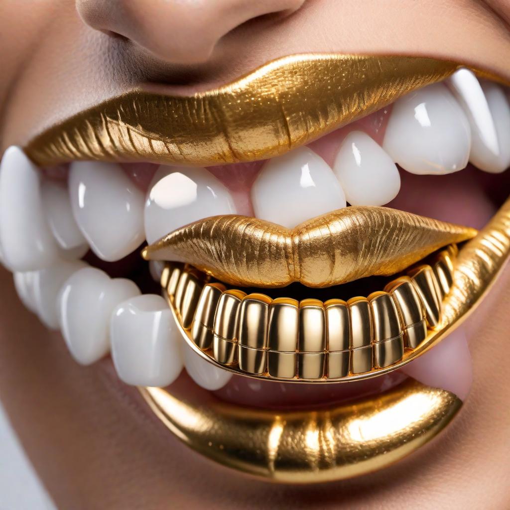  A close-up photo of lips smiling with a gold grill, featuring intricate and stylish dental jewelry. The teeth are adorned with a shiny, well-designed gold grill. The focus is on the lips and teeth, showing off the bright and polished gold grill. hyperrealistic, full body, detailed clothing, highly detailed, cinematic lighting, stunningly beautiful, intricate, sharp focus, f/1. 8, 85mm, (centered image composition), (professionally color graded), ((bright soft diffused light)), volumetric fog, trending on instagram, trending on tumblr, HDR 4K, 8K