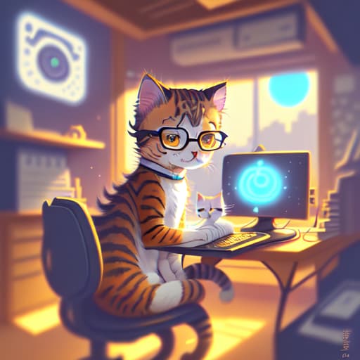 in OliDisco style cartoon kitten. cute anthropomorphic kitten. cute cartoon. cute vtuber. wearing glasses. desk. sitting in a char. reading. cute atwork. inspired by manga master. cute core. cat_ cat. cute digital art.