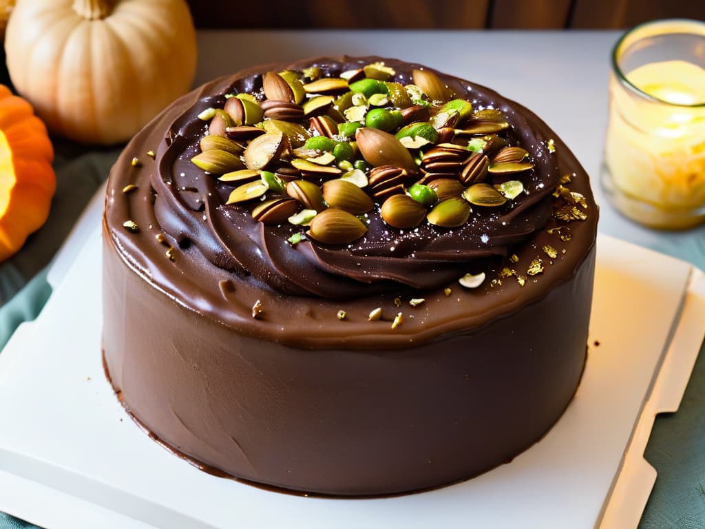  A closeup, photorealistic image of a decadent chocolate cake topped with a generous sprinkle of crunchy, toasted pumpkin seeds. The cake is moist and rich, with layers of creamy chocolate frosting in between. The pumpkin seeds are golden brown and glisten under the light, adding a textural contrast to the smooth cake surface. The background is softly blurred to keep the focus on the intricate details of the cake and seeds, making the viewer almost able to taste the delicious dessert through the screen. hyperrealistic, full body, detailed clothing, highly detailed, cinematic lighting, stunningly beautiful, intricate, sharp focus, f/1. 8, 85mm, (centered image composition), (professionally color graded), ((bright soft diffused light)), volumetric fog, trending on instagram, trending on tumblr, HDR 4K, 8K