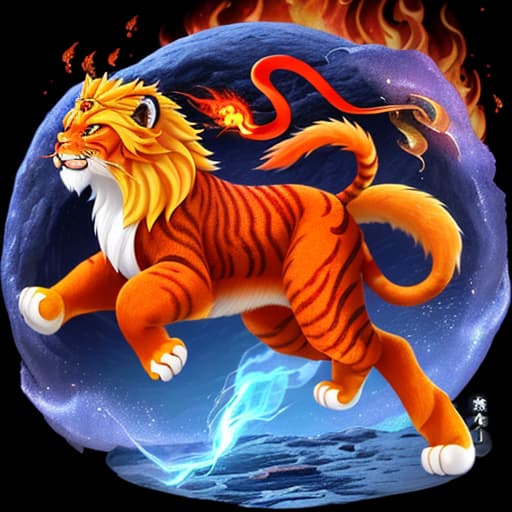  Linqing lion cat as the main body, tail lightning shape, feet for orange flames, making a mascot,