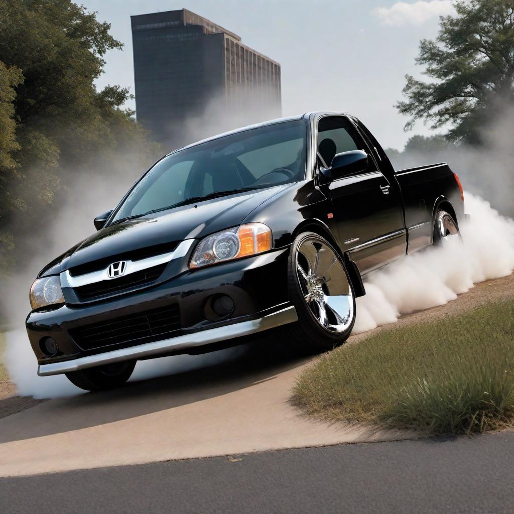  a 2005 black and pearl-colored 2-door Honda Civic with black tinted windows and a hood scoop parked next to a metallic gray 2003 Chevy Silverado 4x4 truck with tinted black windows and a chrome smoke stack in the bed of the truck blowing black smoke into the air hyperrealistic, full body, detailed clothing, highly detailed, cinematic lighting, stunningly beautiful, intricate, sharp focus, f/1. 8, 85mm, (centered image composition), (professionally color graded), ((bright soft diffused light)), volumetric fog, trending on instagram, trending on tumblr, HDR 4K, 8K