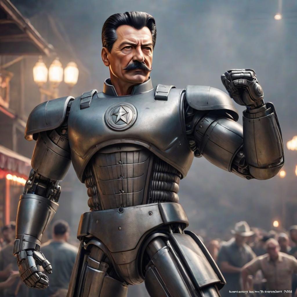  Draw Stalin from real steel. hyperrealistic, full body, detailed clothing, highly detailed, cinematic lighting, stunningly beautiful, intricate, sharp focus, f/1. 8, 85mm, (centered image composition), (professionally color graded), ((bright soft diffused light)), volumetric fog, trending on instagram, trending on tumblr, HDR 4K, 8K