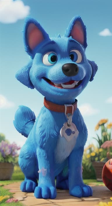  {Max carefully picking up the ball with his teeth without disturbing the flowers, The big blue dog is large with sky blue fur, big round eyes, a black nose, and floppy ears.