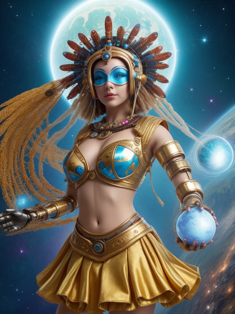  in space, a beautiful picture shows a beautiful who followed shaman's religion. she's become a living robot who can serve dysonball for a specific ritual. in the picture, in the context of the earth and the sky, she holds a high tech dyson ball with a silk mask on top. she wears more creative clothes, with her and gloves full of gems, which can be seen to be highly attractive to fashion and technology. the design in the figure is a complete illusion of pertyis, or maybe she's going to perform some kind of ritual with this thing, or she's going to take energy from it. behind the picture is such a beautiful and big external scene that the truth is how human beings are closely connected to parts of the universe. jade's costumes, sil