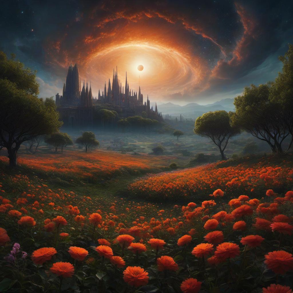  (stylized by Tomasz Alen Kopera:1.3) , dark art, dense flower field and Perseid meteor in background, landscape of a (Barcelona:1.2) , very Bizarre and 1600'S, Hurricane, Glitchcore, Amaro, layered textures, ornate, intricate artistic color, complimentary colors, very inspirational, atmosphere, fine artistic composition, sunny, theatrical hyperrealistic, full body, detailed clothing, highly detailed, cinematic lighting, stunningly beautiful, intricate, sharp focus, f/1. 8, 85mm, (centered image composition), (professionally color graded), ((bright soft diffused light)), volumetric fog, trending on instagram, trending on tumblr, HDR 4K, 8K