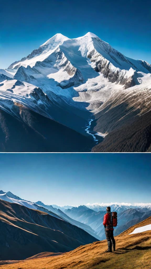  A majestic mountain range with snow capped peaks under a clear blue sky. hyperrealistic, full body, detailed clothing, highly detailed, cinematic lighting, stunningly beautiful, intricate, sharp focus, f/1. 8, 85mm, (centered image composition), (professionally color graded), ((bright soft diffused light)), volumetric fog, trending on instagram, trending on tumblr, HDR 4K, 8K