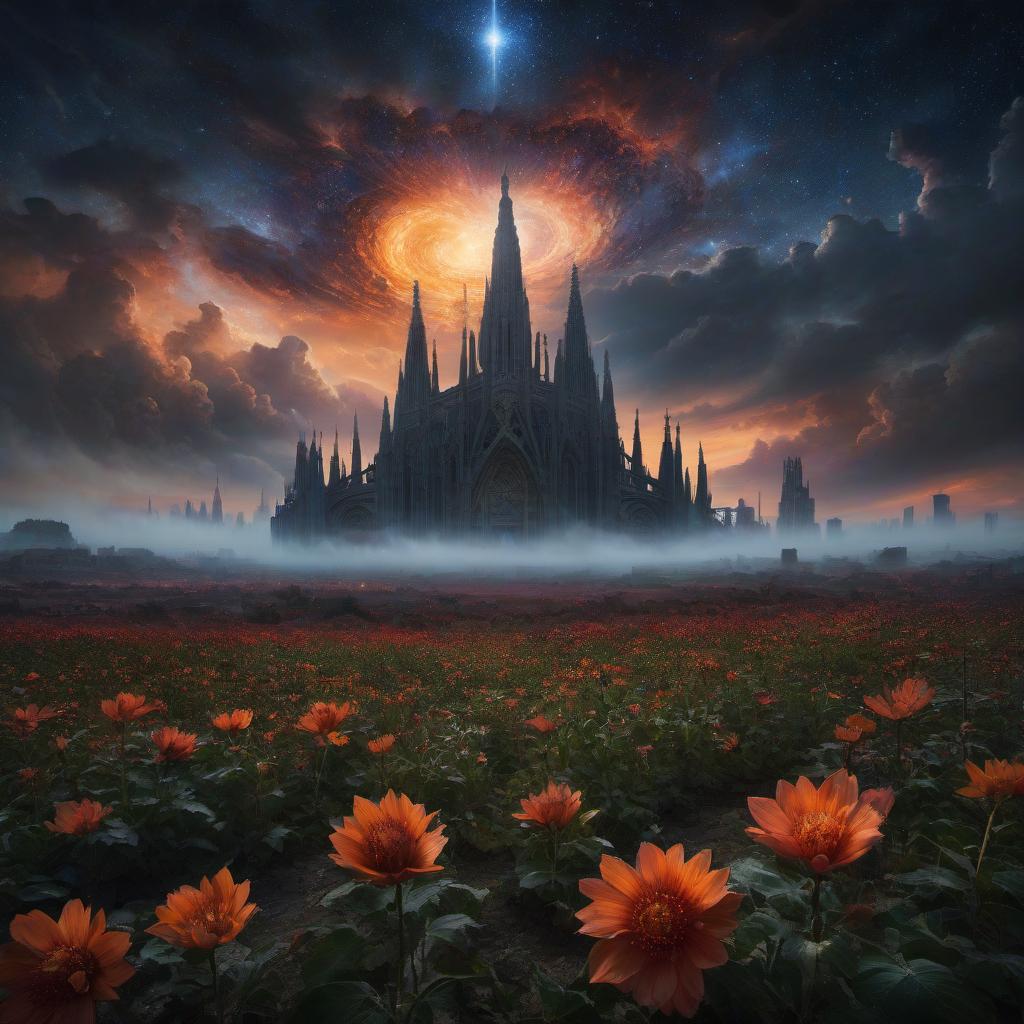  (stylized by Tomasz Alen Kopera:1.3) , dark art, dense flower field and Perseid meteor in background, landscape of a (Barcelona:1.2) , very Bizarre and 1600'S, Hurricane, Glitchcore, Amaro, layered textures, ornate, intricate artistic color, complimentary colors, very inspirational, atmosphere, fine artistic composition, sunny, theatrical hyperrealistic, full body, detailed clothing, highly detailed, cinematic lighting, stunningly beautiful, intricate, sharp focus, f/1. 8, 85mm, (centered image composition), (professionally color graded), ((bright soft diffused light)), volumetric fog, trending on instagram, trending on tumblr, HDR 4K, 8K