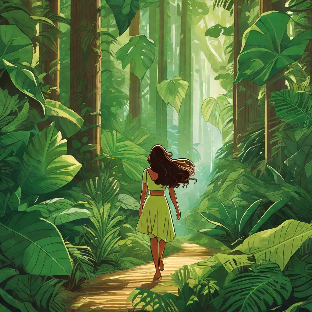  Prompt: The image should depict a young named Sarah, as the main character, situated in a whimsical forest filled with giant exotic plants that tower above her. She should have an expression of awe and excitement on her face as she races towards the location being indicated by a giant leaf of a strange, glowing green color, possibly floating or hovering to signal a direction. Sarah should be mid-skip, bent and hands balled up in eagerness, to emphasize that she is enthusiastically following the direction given by the leaf. She should be dressed in a simple, -friendly attire suitable for an adventure like a pair of jeans and a colorful t-shirt. The background should be vint and filled with other sorts of mystical flora with g hyperrealistic, full body, detailed clothing, highly detailed, cinematic lighting, stunningly beautiful, intricate, sharp focus, f/1. 8, 85mm, (centered image composition), (professionally color graded), ((bright soft diffused light)), volumetric fog, trending on instagram, trending on tumblr, HDR 4K, 8K