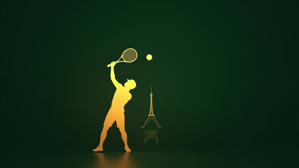  good quality, high quality, tennis player silhouette: gold silhouette of a tennis player serving with the eiffel tower glowing in the background on a dark green background.