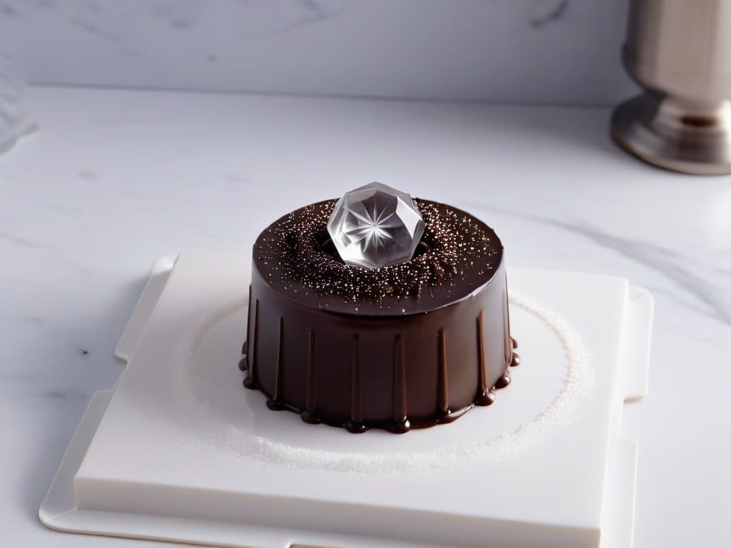  A closeup, ultradetailed image of a delicate, intricate sugar crystal forming on the surface of a rich, glossy chocolate ganache. The crystal is perfectly symmetrical and catches the light, showcasing its transparency and sharp edges. The background is a soft focus of a luxurious kitchen setting, with hints of stainless steel appliances and marble countertops. hyperrealistic, full body, detailed clothing, highly detailed, cinematic lighting, stunningly beautiful, intricate, sharp focus, f/1. 8, 85mm, (centered image composition), (professionally color graded), ((bright soft diffused light)), volumetric fog, trending on instagram, trending on tumblr, HDR 4K, 8K