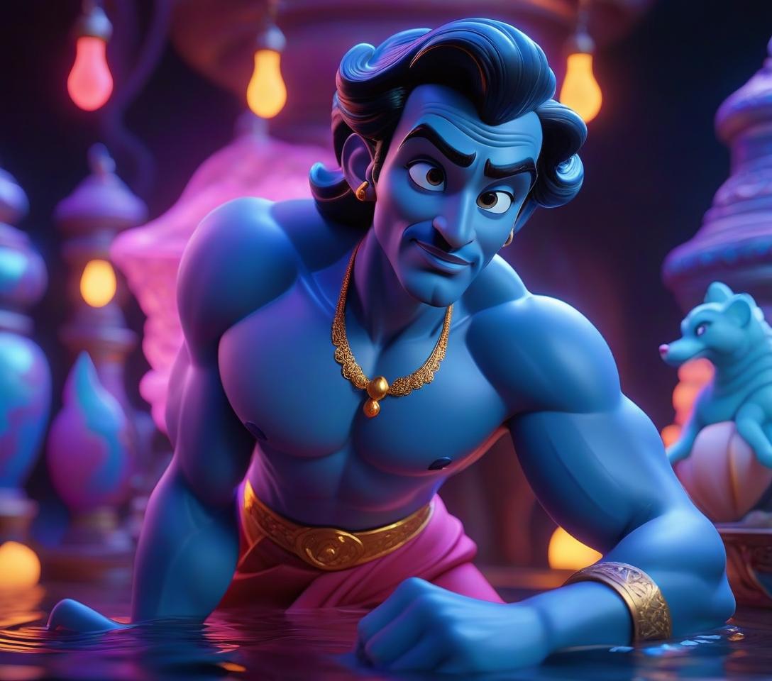  The genie from the Aladdin cartoon is swimming in a glass, neon light. hyperrealistic, full body, detailed clothing, highly detailed, cinematic lighting, stunningly beautiful, intricate, sharp focus, f/1. 8, 85mm, (centered image composition), (professionally color graded), ((bright soft diffused light)), volumetric fog, trending on instagram, trending on tumblr, HDR 4K, 8K