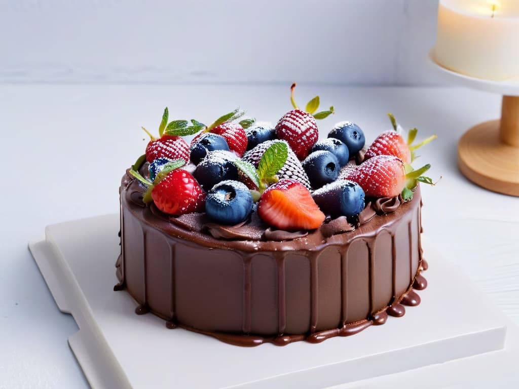  A minimalist image of a beautifully decorated vegan chocolate cake, topped with fresh berries and mint leaves, placed on a sleek white marble countertop. The cake is elegantly displayed on a modern, simple cake stand, with soft natural lighting illuminating the dessert, showcasing the intricate details of the chocolate drizzle and berry arrangement. hyperrealistic, full body, detailed clothing, highly detailed, cinematic lighting, stunningly beautiful, intricate, sharp focus, f/1. 8, 85mm, (centered image composition), (professionally color graded), ((bright soft diffused light)), volumetric fog, trending on instagram, trending on tumblr, HDR 4K, 8K