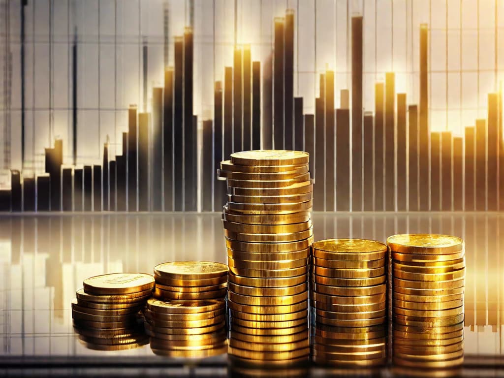  A stack of golden coins ascending like a bar chart on a reflective surface, with a blurred background of financial charts and graphs. digital art, ilustration, no flares, clean hyperrealistic, full body, detailed clothing, highly detailed, cinematic lighting, stunningly beautiful, intricate, sharp focus, f/1. 8, 85mm, (centered image composition), (professionally color graded), ((bright soft diffused light)), volumetric fog, trending on instagram, trending on tumblr, HDR 4K, 8K