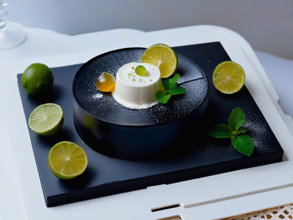  A closeup, ultradetailed image of a sophisticated dessert presentation on a sleek, black slate platter. The dessert is a deconstructed margarita, featuring a limeinfused panna cotta topped with tequilainfused jelly cubes, garnished with delicate lime zest and a miniature salted rim. The soft, creamy texture of the panna cotta contrasts beautifully with the translucent, boozy jelly cubes, creating a visually stunning and mouthwatering dessert display. hyperrealistic, full body, detailed clothing, highly detailed, cinematic lighting, stunningly beautiful, intricate, sharp focus, f/1. 8, 85mm, (centered image composition), (professionally color graded), ((bright soft diffused light)), volumetric fog, trending on instagram, trending on tumblr, HDR 4K, 8K