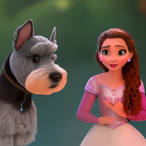 modern disney style Woman with curl brown air and a schnauzer with her