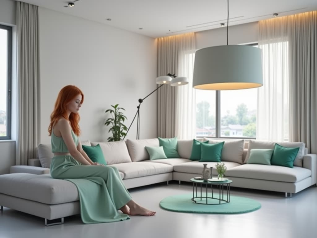  this unedited, 8k photograph captures a stunningly beautiful redhead adult female aged between 30 39, dressed in gucci, posed in a contemporary style living room designed for relaxation and entertainment. the image is a hyperrealistic masterpiece, showcasing intricate details and professionally color graded to introduce a monochromatic green hue (rgb value needed) effect. the bright, soft, diffused lighting enhances the photorealistic quality of this highly detailed image, defined by clean lines and a harmonious balance amidst dense furnishings and decorations.