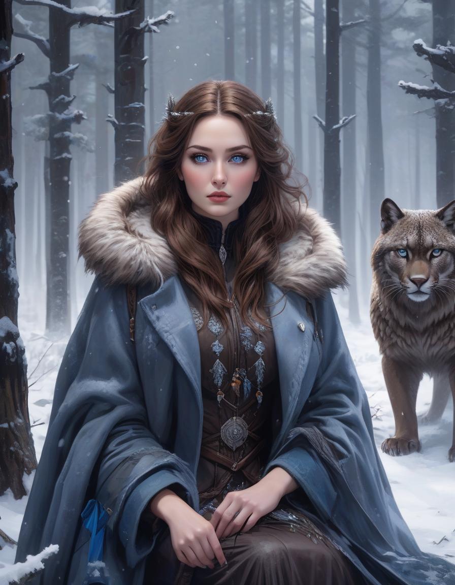  gothic style Create a portrait of a young woman with a determined expression in a snowy forest. The woman is seated, with long wavy chestnut brown hair, cool fair skin and expressive grey blue eyes. She is dressed in a dark brown, robust coat, dusted with snow powder. A snow panther sits next to her. On her shoulder is a falcon. The coat is hood less and appears heavy. On her shoulder she wears a quiver with arrows visible. In the background, snow covered pine trees and gently falling snowflakes are blurred, emphasising the calm but gloomy winter atmosphere. . dark, mysterious, haunting, dramatic, ornate, detailed hyperrealistic, full body, detailed clothing, highly detailed, cinematic lighting, stunningly beautiful, intricate, sharp focus, f/1. 8, 85mm, (centered image composition), (professionally color graded), ((bright soft diffused light)), volumetric fog, trending on instagram, trending on tumblr, HDR 4K, 8K