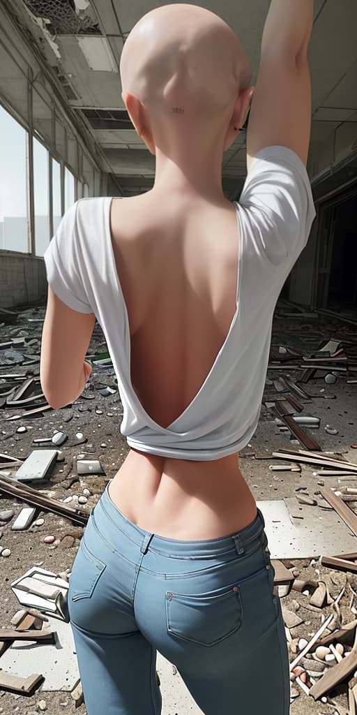  bald-girl, in a T-shirt, in pants, with her back, on the thresholds, posing, in an abandoned building, summer