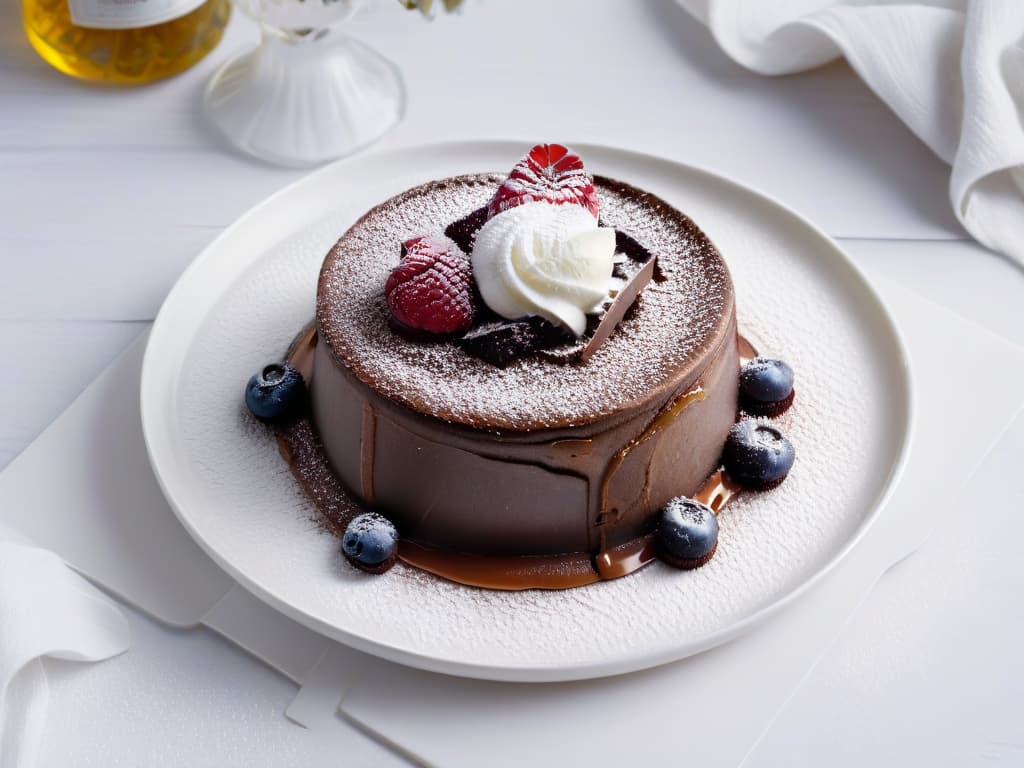  A closeup, ultradetailed image of a decadent chocolate lava cake with a perfectly gooey center, topped with a dusting of powdered sugar and a single fresh raspberry on a sleek, modern white plate. The cake is rich and moist, with visible chunks of highquality dark chocolate oozing out invitingly. The contrast of textures and colors is striking, emphasizing the indulgent and gourmet nature of glutenfree pastry. hyperrealistic, full body, detailed clothing, highly detailed, cinematic lighting, stunningly beautiful, intricate, sharp focus, f/1. 8, 85mm, (centered image composition), (professionally color graded), ((bright soft diffused light)), volumetric fog, trending on instagram, trending on tumblr, HDR 4K, 8K