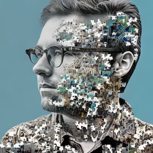 dublex style A4 paper, b&w, man wearing glasses, nature built from medium sized contrasted puzzle pieces, unfinished puzzle
