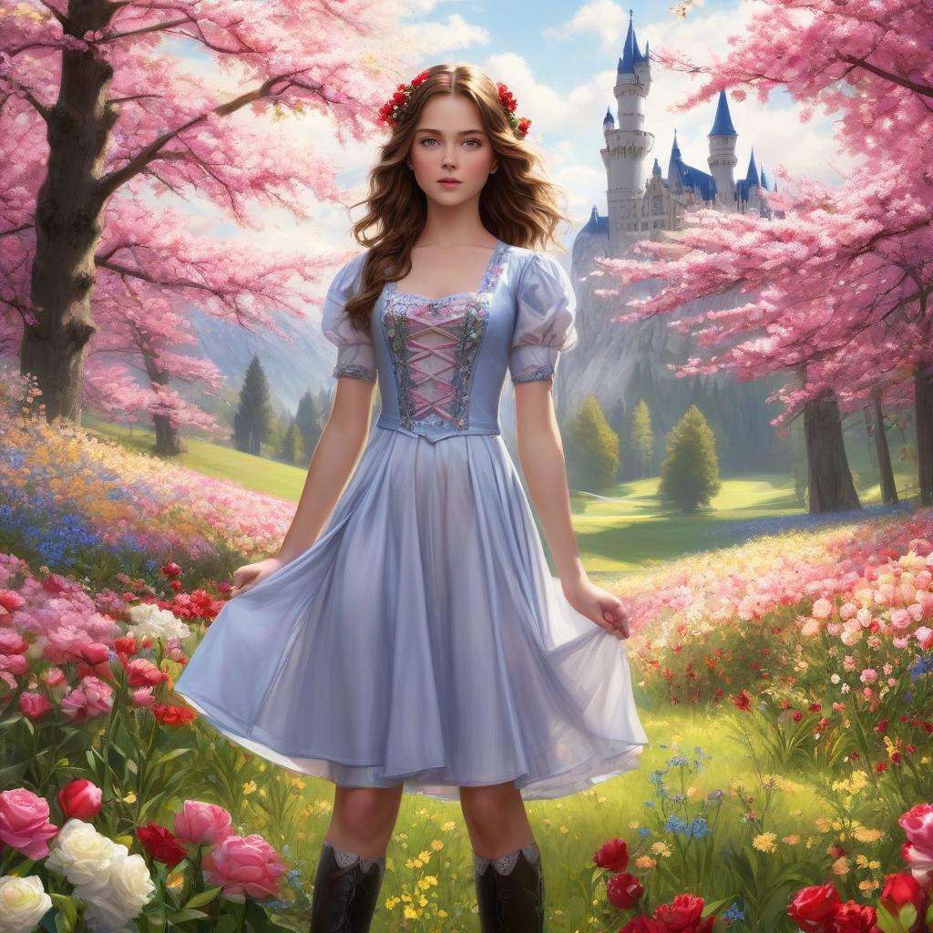  Neuschwanstein. A very pretty girl. Brown hair, blue eyes. Same eye size.((Sparkling rim)): spring field, hyacinths, roses, rosehips, rose hips, peonies, cherry tree, yellow, red, black flowers, forget me nots. hyperrealistic, full body, detailed clothing, highly detailed, cinematic lighting, stunningly beautiful, intricate, sharp focus, f/1. 8, 85mm, (centered image composition), (professionally color graded), ((bright soft diffused light)), volumetric fog, trending on instagram, trending on tumblr, HDR 4K, 8K