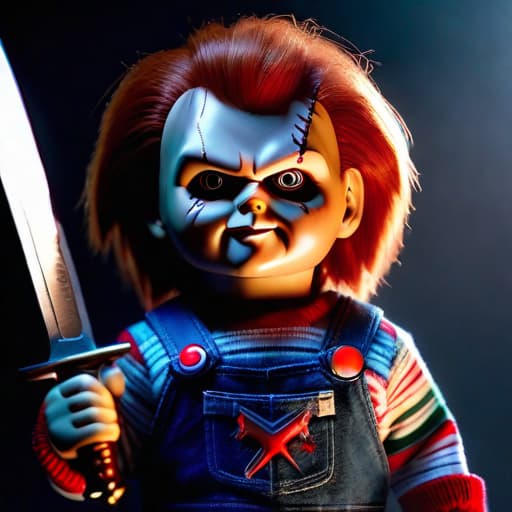  chucky holding a dagger hyperrealistic, full body, detailed clothing, highly detailed, cinematic lighting, stunningly beautiful, intricate, sharp focus, f/1. 8, 85mm, (centered image composition), (professionally color graded), ((bright soft diffused light)), volumetric fog, trending on instagram, trending on tumblr, HDR 4K, 8K