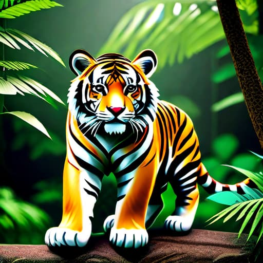  - Image keywords: Tiger, jungle, adventure, wild, fierce hyperrealistic, full body, detailed clothing, highly detailed, cinematic lighting, stunningly beautiful, intricate, sharp focus, f/1. 8, 85mm, (centered image composition), (professionally color graded), ((bright soft diffused light)), volumetric fog, trending on instagram, trending on tumblr, HDR 4K, 8K