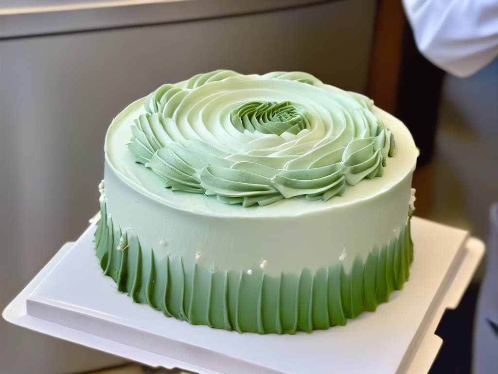  A closeup, highresolution image of a chef's hands meticulously piping delicate swirls of frosting onto an elegant multilayered cake. The focus is on the intricate details of the piping work, showcasing the chef's precision and skill in the art of pastry decoration. The background is blurred, emphasizing the chef's hands and the cake, creating a minimalist yet captivating visual that symbolizes the challenges and artistry of pastry competitions. hyperrealistic, full body, detailed clothing, highly detailed, cinematic lighting, stunningly beautiful, intricate, sharp focus, f/1. 8, 85mm, (centered image composition), (professionally color graded), ((bright soft diffused light)), volumetric fog, trending on instagram, trending on tumblr, HDR 4K, 8K