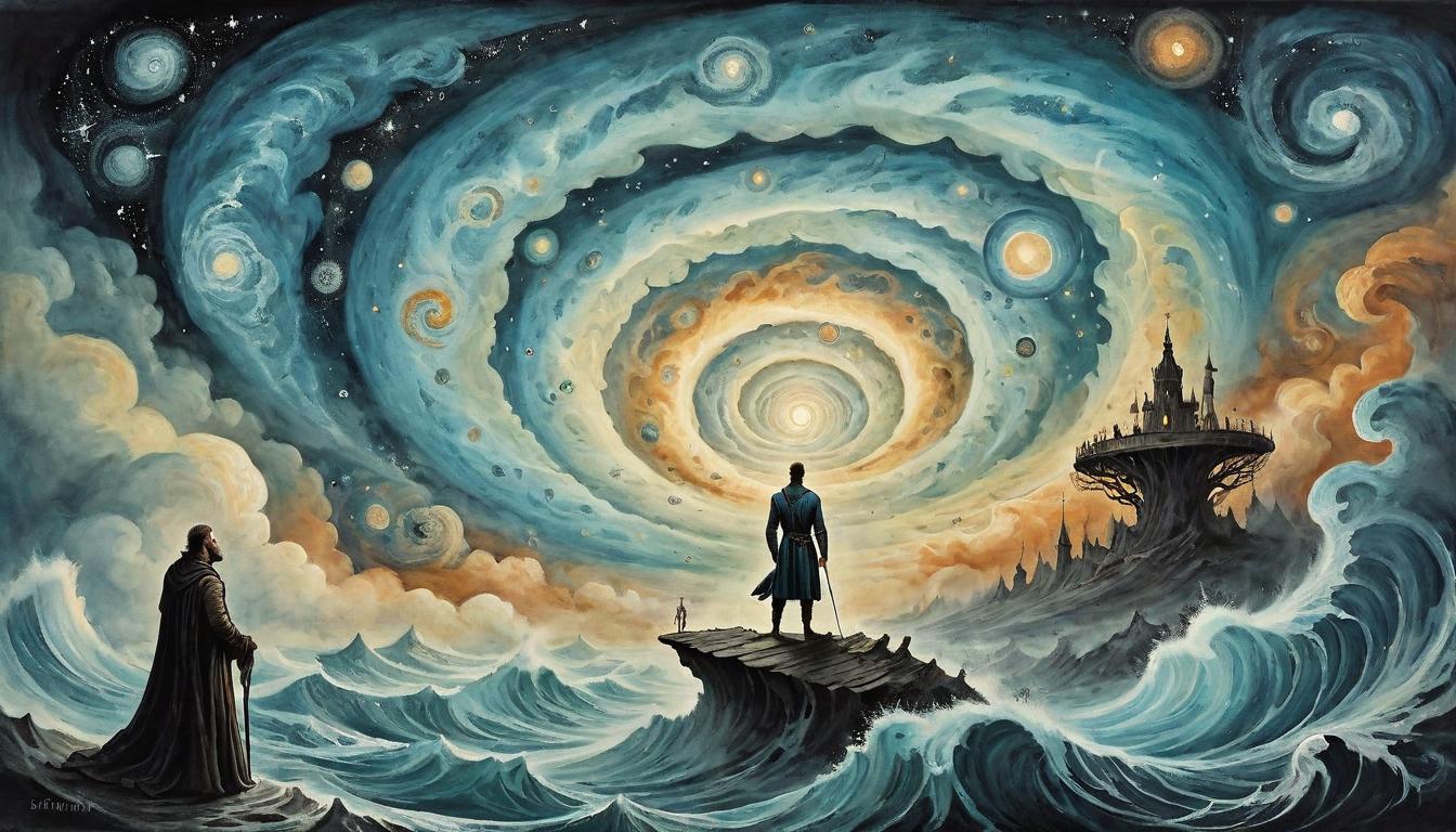  on parchment, surrealism+++, Figure standing amidst a cosmic maelstrom, personal upheavals echoed in celestial storms, raw beauty in chaos, cosmic reflection of inner turmoil(mysterious, provocative, symbolic,muted color)+++