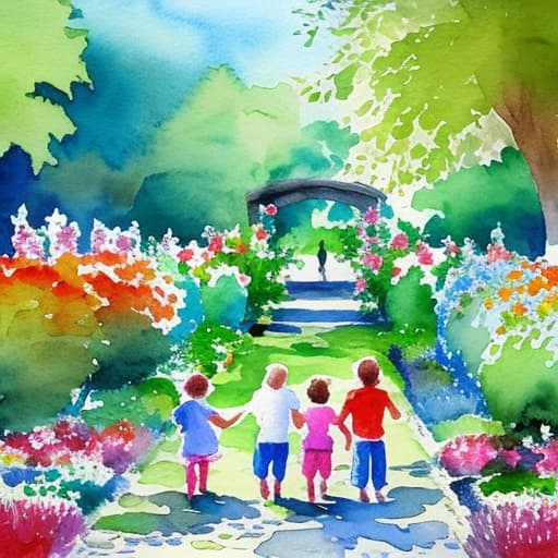  painting water color effect, 5 small kids and 2 parents playing in a garden full of flowers and trees