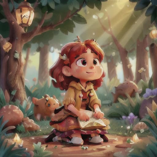  "Depict a scene where Lina is storytelling to animals, with Lina presenting an expression of wisdom whilst engaging with her animal companions. The scene is set in a garden that is brimming with love and joy, and the apple tree still shines resplendently. The description should vividly capture the essence of the scene without any unnecessary details or ambiguity.", best quality, very detailed, high resolution, sharp, sharp image, extremely detailed, 4k, 8k hyperrealistic, full body, detailed clothing, highly detailed, cinematic lighting, stunningly beautiful, intricate, sharp focus, f/1. 8, 85mm, (centered image composition), (professionally color graded), ((bright soft diffused light)), volumetric fog, trending on instagram, trending on tumblr, HDR 4K, 8K