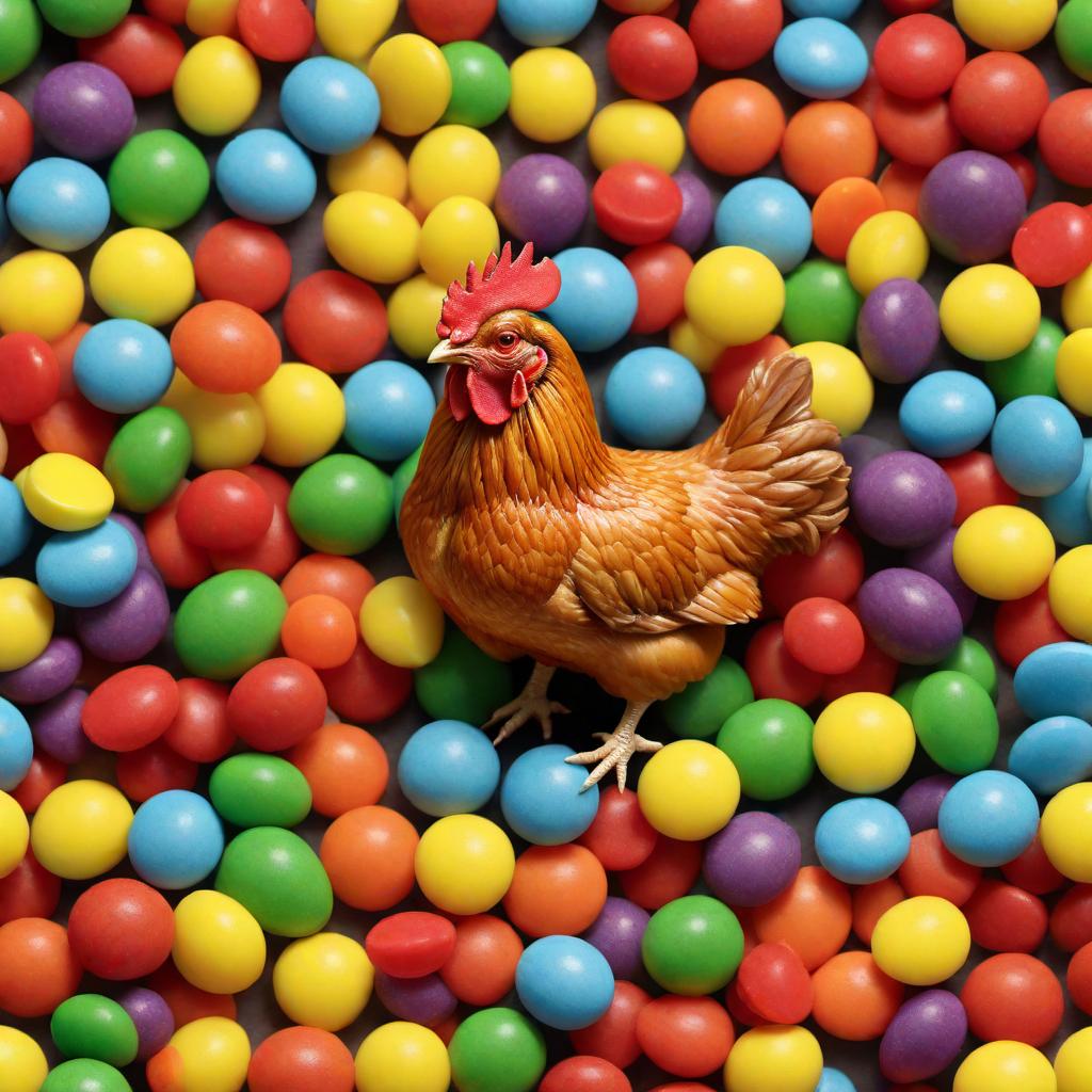  A cartoon-style chicken with a human-like personality, depicted in a humorous pose, eating freeze-dried rainbow Skittles. The chicken should have exaggerated human facial expressions, showcasing delight and surprise as it tastes the colorful candies. Surround the chicken with a vibrant environment that enhances the comedic effect. hyperrealistic, full body, detailed clothing, highly detailed, cinematic lighting, stunningly beautiful, intricate, sharp focus, f/1. 8, 85mm, (centered image composition), (professionally color graded), ((bright soft diffused light)), volumetric fog, trending on instagram, trending on tumblr, HDR 4K, 8K