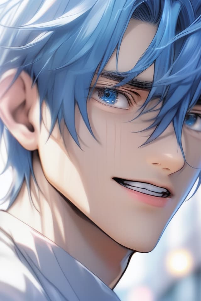  face close up)(face only) super handsome,masterpiece,very beautiful blue hair color,cool expression,illustration style,high quality,high quality,8k