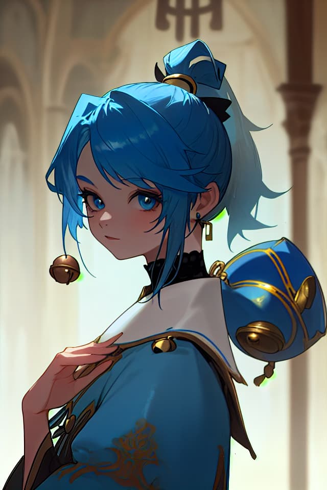  Blue hair, bell, ponytail