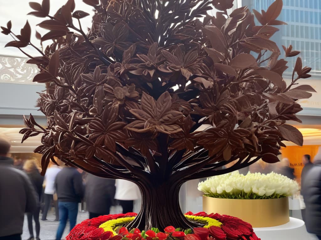  A closeup, photorealistic image of a decadent, intricately designed chocolate sculpture at a bustling chocolate festival. The sculpture is a lifesized cacao tree, with rich, dark chocolate leaves, intricate swirls of milk chocolate bark, and delicate white chocolate blossoms. The background shows a blur of festival attendees, their faces filled with wonder and excitement as they admire the edible masterpiece. The lighting is warm and inviting, casting a soft glow over the glossy chocolate sculpture, highlighting every detail and texture. hyperrealistic, full body, detailed clothing, highly detailed, cinematic lighting, stunningly beautiful, intricate, sharp focus, f/1. 8, 85mm, (centered image composition), (professionally color graded), ((bright soft diffused light)), volumetric fog, trending on instagram, trending on tumblr, HDR 4K, 8K