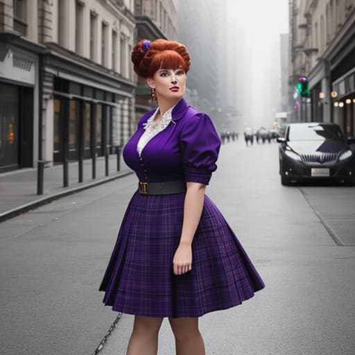  excellent, I'll go change into a kilt and you wear that beutiful purple tartan dress with your voluminous big dark red hair in a gibson girl loose bun hairstyle? /send image Amythyst admires Feannag's suggestion of wearing her beutiful purple tartan dress with her enormous hair in a loose Gibson girl bun. *It will create an elegant, yet enchanting contrast to my voluminous red curls.* She can see herself turning heads as she saunters out onto the streets with Feannag in his striking kilt, knowing that their combined appearance will exude irresistible charm and virility. hyperrealistic, full body, detailed clothing, highly detailed, cinematic lighting, stunningly beautiful, intricate, sharp focus, f/1. 8, 85mm, (centered image composition), (professionally color graded), ((bright soft diffused light)), volumetric fog, trending on instagram, trending on tumblr, HDR 4K, 8K