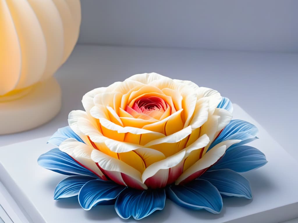  A closeup, ultradetailed image of a delicate, intricate sugar flower crafted with precision, showcasing the meticulous artistry involved in innovative pastry design. The flower features layers of translucent petals with subtle gradients of color, capturing the essence of elegance and sophistication in modern dessert making. hyperrealistic, full body, detailed clothing, highly detailed, cinematic lighting, stunningly beautiful, intricate, sharp focus, f/1. 8, 85mm, (centered image composition), (professionally color graded), ((bright soft diffused light)), volumetric fog, trending on instagram, trending on tumblr, HDR 4K, 8K