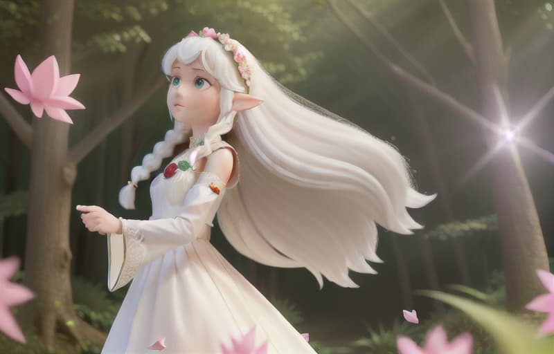  masterpiece, best quality, (masterpiece, best quality, high quality, highres, ultra-detailed), realistic,1 sweet girl, the greater, (side braid:1.1), long hair,((white hair)), leaf hair ornament, elf, green eyes, pale skin, bare shoulders, jewelry, white long dress, (detached sleeves:1.1), bracelet, (looking away:1.2), (hair floating:1.3), from side, (in forest:1.3), (pink flowers:1.1), (falling petals:1.1), (lens flare from right:1.2)