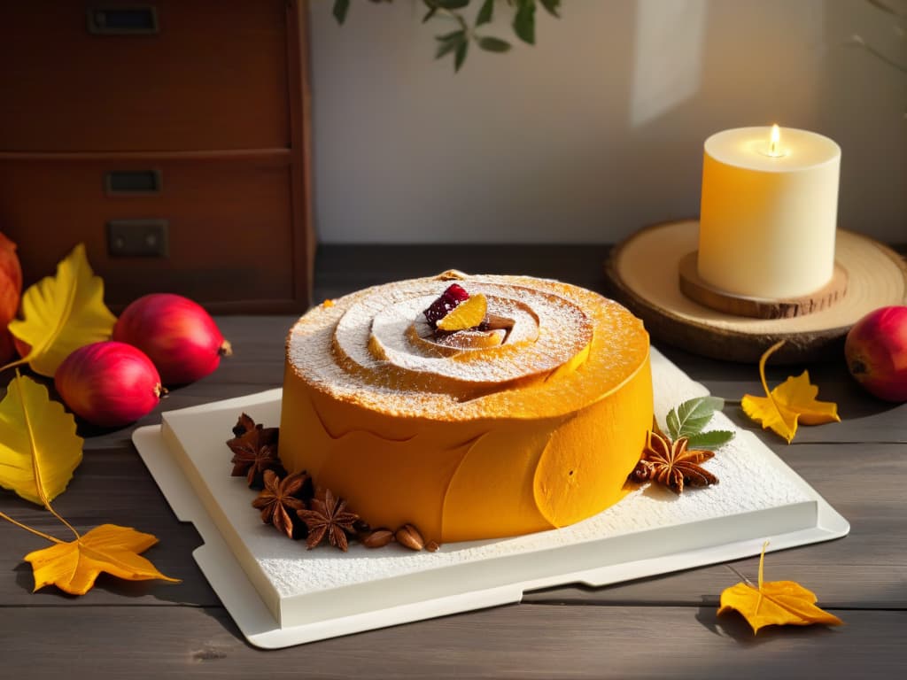  A minimalistic image of a freshly baked sweet potato cake resting on a rustic wooden table, surrounded by autumn leaves in vibrant hues of red, orange, and yellow. The cake is topped with a light dusting of powdered sugar, showcasing its goldenbrown crust and soft, moist interior speckled with bits of sweet potato. The warm glow of sunlight filters through a nearby window, casting a soft, inviting glow over the scene, highlighting the texture and colors of the cake and the seasonal foliage. hyperrealistic, full body, detailed clothing, highly detailed, cinematic lighting, stunningly beautiful, intricate, sharp focus, f/1. 8, 85mm, (centered image composition), (professionally color graded), ((bright soft diffused light)), volumetric fog, trending on instagram, trending on tumblr, HDR 4K, 8K