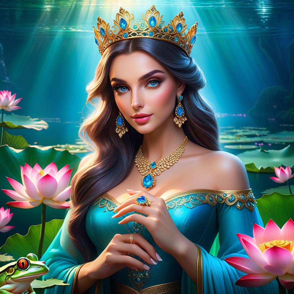  ethereal fantasy concept art of (Background): a lake with blooming lotuses of different shades: from white pink to bright crimson and leaves of tender green colour. The sky above the lake of dark blue colour with golden stars scattered on it. (Fantasy Princess Frog): in the centre of the lake on the biggest lotus flower sits a charming frog in a golden crown decorated with blue and blue precious stones. In his paws he holds a ring decorated with blue stones. Style: fantasy, Russian fairy tales, illustrations. . magnificent, celestial, ethereal, painterly, epic, majestic, magical, fantasy art, cover art, dreamy hyperrealistic, full body, detailed clothing, highly detailed, cinematic lighting, stunningly beautiful, intricate, sharp focus, f/1. 8, 85mm, (centered image composition), (professionally color graded), ((bright soft diffused light)), volumetric fog, trending on instagram, trending on tumblr, HDR 4K, 8K