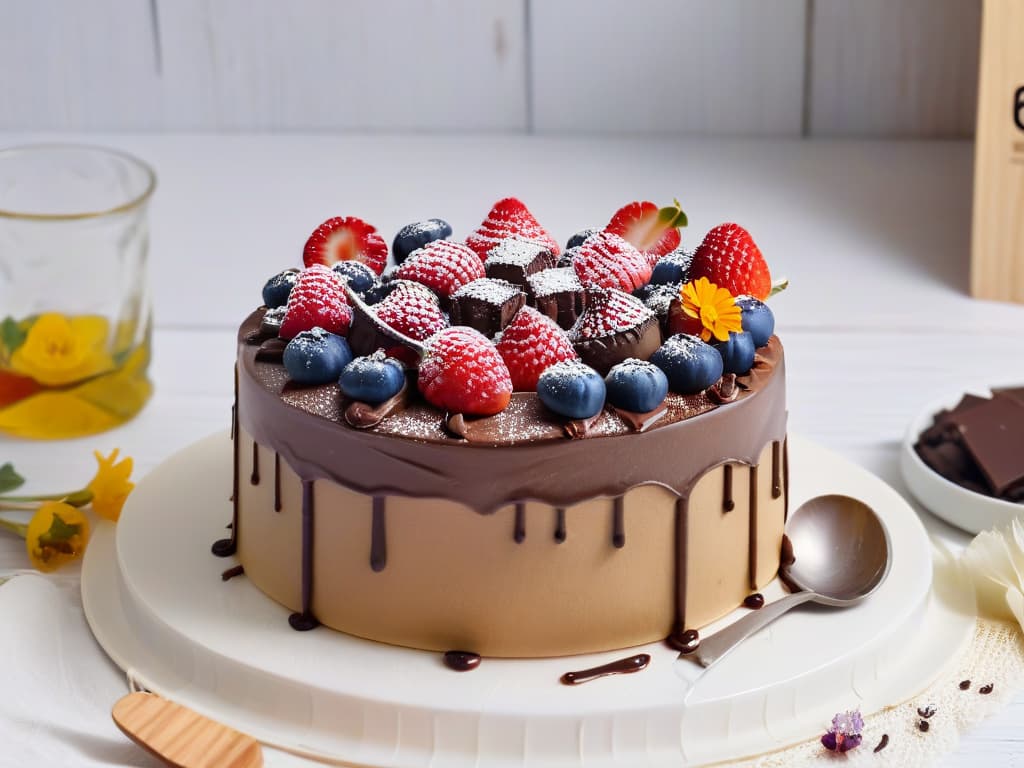  A photorealistic image of a beautifully decorated vegan and healthy cake, adorned with fresh berries, edible flowers, and a drizzle of dairyfree chocolate ganache. The cake sits on a rustic wooden table, surrounded by kitchen utensils like a whisk, measuring spoons, and a mixing bowl. Sunlight streams in through a nearby window, casting a warm glow on the scene and highlighting the intricate details of the dessert. hyperrealistic, full body, detailed clothing, highly detailed, cinematic lighting, stunningly beautiful, intricate, sharp focus, f/1. 8, 85mm, (centered image composition), (professionally color graded), ((bright soft diffused light)), volumetric fog, trending on instagram, trending on tumblr, HDR 4K, 8K