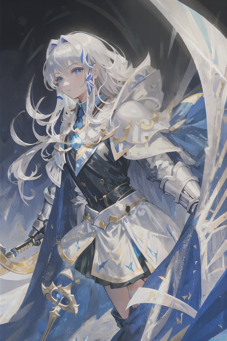  master piece , best quality,Silver hair, long hair, male, knight, blue lightning, white armor, bright light blue cape