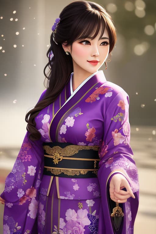  1girl, purple kimono, hyperrealistic, full body, detailed clothing, highly detailed, cinematic lighting, stunningly beautiful, intricate, sharp focus, f/1. 8, 85mm, (centered image composition), (professionally color graded), ((bright soft diffused light)), volumetric fog, trending on instagram, trending on tumblr, HDR 4K, 8K