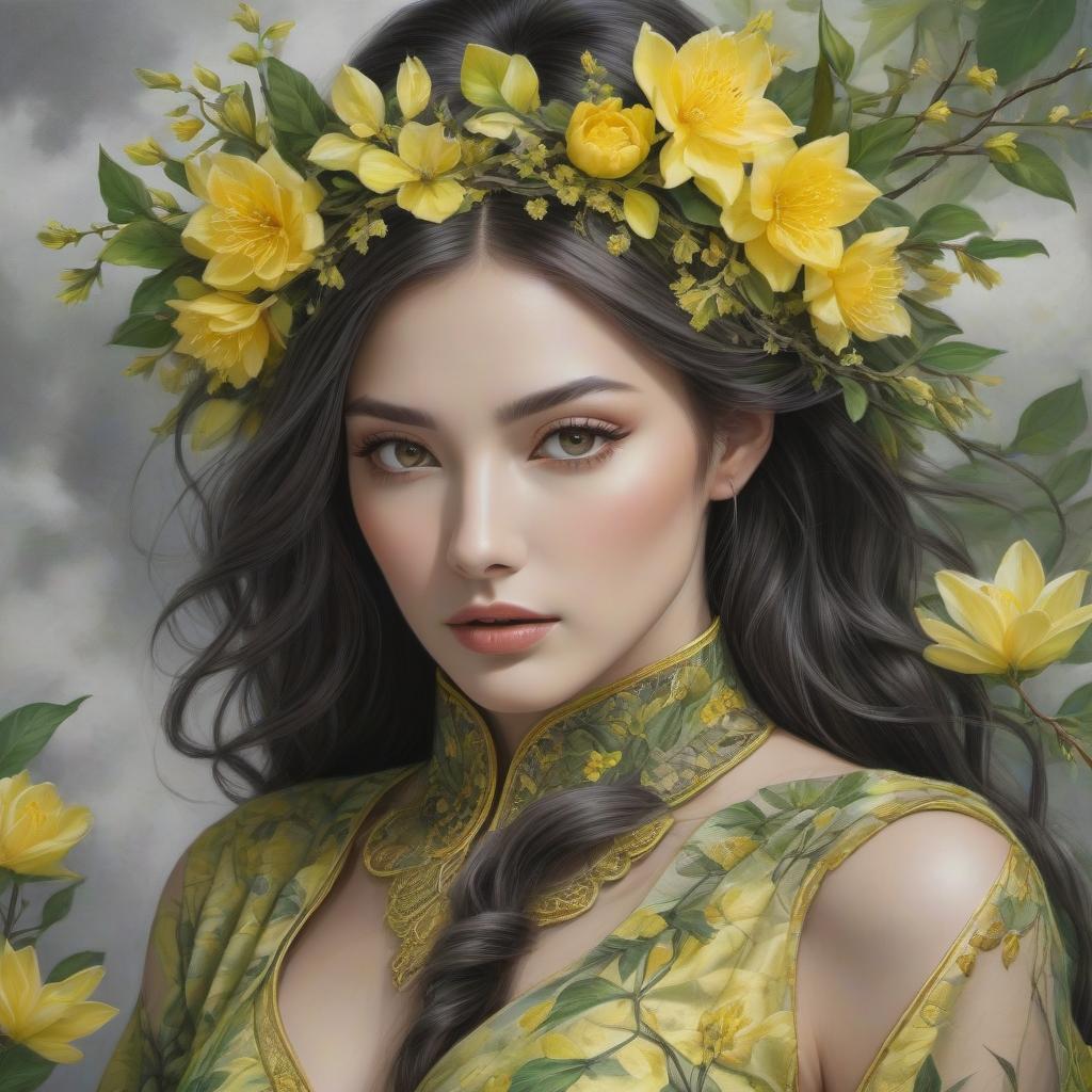  Create a charcoal, graphite, chalk and crayon artwork of a young mysterious lady surrounded by tapestry of awakening fresh green and fresh yellow spring branches and leaves and blossoms. Her lovely close up face enigma framed by a floral crown. Petals cling to her gown, whispering secrets of the awakening season. Colors grey and black, green and yellow. hyperrealistic, full body, detailed clothing, highly detailed, cinematic lighting, stunningly beautiful, intricate, sharp focus, f/1. 8, 85mm, (centered image composition), (professionally color graded), ((bright soft diffused light)), volumetric fog, trending on instagram, trending on tumblr, HDR 4K, 8K