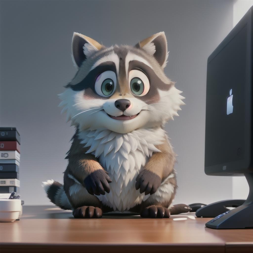  raccoon sitting in gaming chair front a computer on desktop, ((semi anthropomorphic)),(full body), tail, belly, sitting, fat, (chubby), (((white background))), solo, desktop, gaming chair, side view,  [[[clothes]]] hyperrealistic, full body, detailed clothing, highly detailed, cinematic lighting, stunningly beautiful, intricate, sharp focus, f/1. 8, 85mm, (centered image composition), (professionally color graded), ((bright soft diffused light)), volumetric fog, trending on instagram, trending on tumblr, HDR 4K, 8K